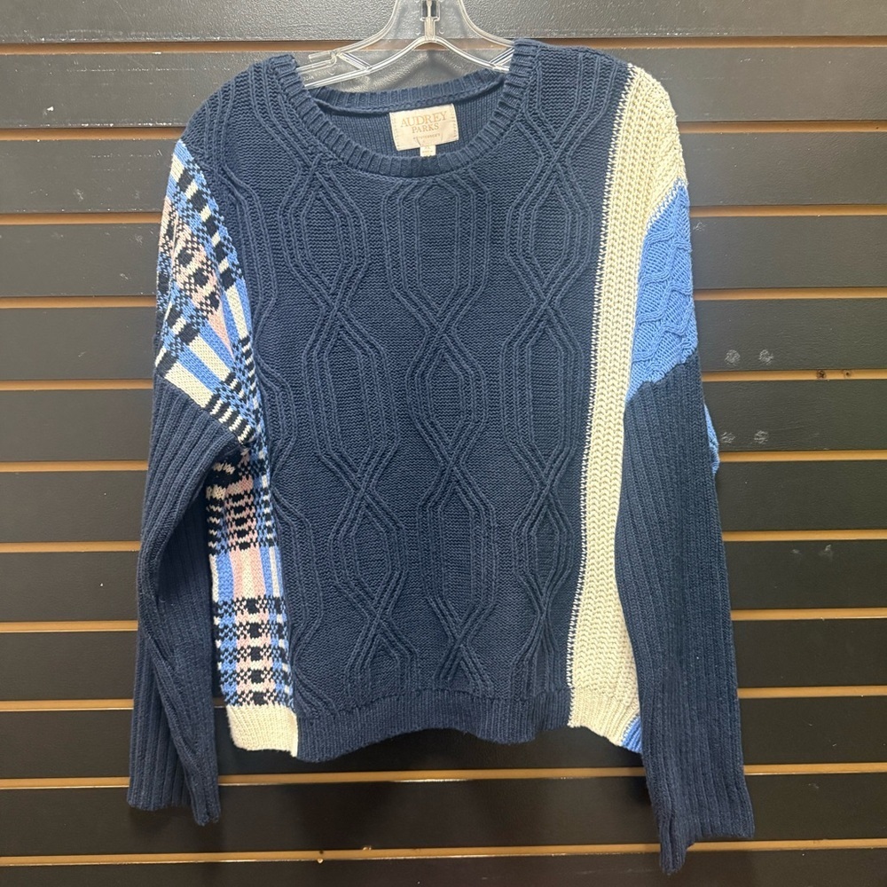 Audrey Parks Francesca’s Navy Mixed Cable Plaid Knit Sweater XL NWT